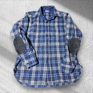 Vintage 70s Pendleton Blue Plaid Flannel‎ W/ Suede Elbow Patches Mens L USA Made